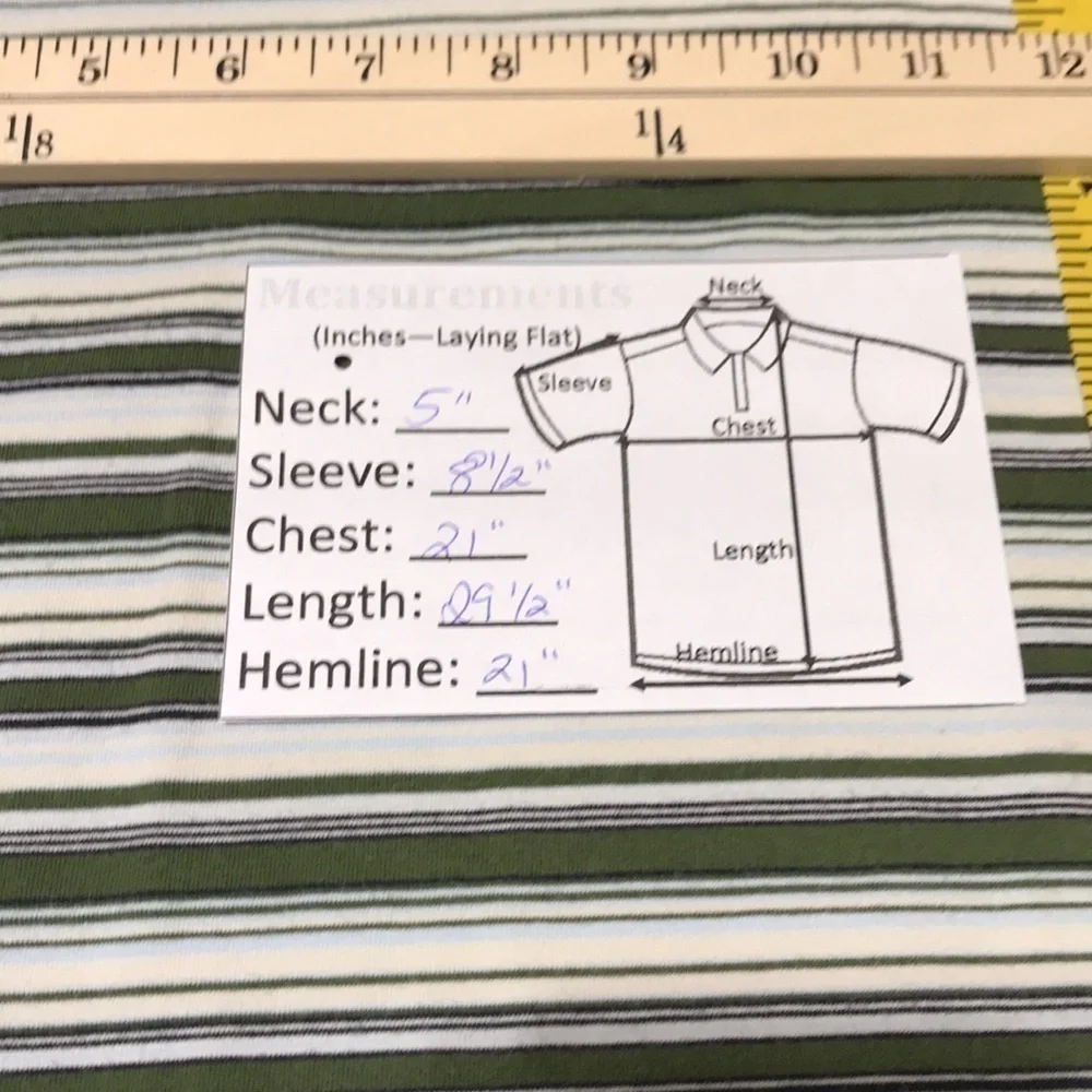 EXPRESS Men’s Green/Cream/Lt Blue/Black Striped Short Sleeve 3-Button Polo—Sz L